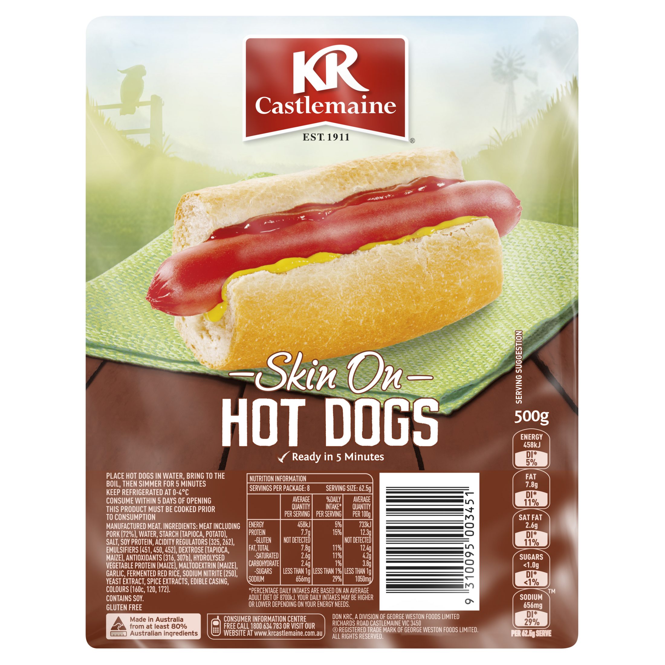 KR Castlemaine Traditional Aussie SkinOn Hot Dogs 500g KR Castlemaine